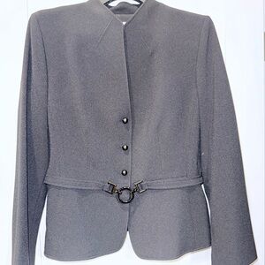 Womens Black Tailored Belted Jacket and Skirt Suit